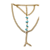 New Women Gold Metal Hand Chain Fashion Bracelet Ring Connected Turquoise Blue Beads
